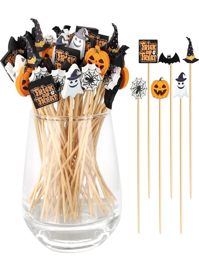 Vicuna R 120 Halloween Cocktail Picks, 8 Kind of Bamboo Pumpkin Ghost Spider Hat Bat eyeball Decorative toothpicks for appetizers, 4.7 IN Food Sticks Charcuterie Skewers for Halloween Themed Party - Image 1